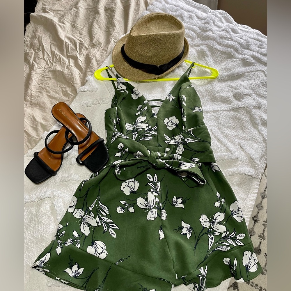 Boutique Floral green romper with tie front